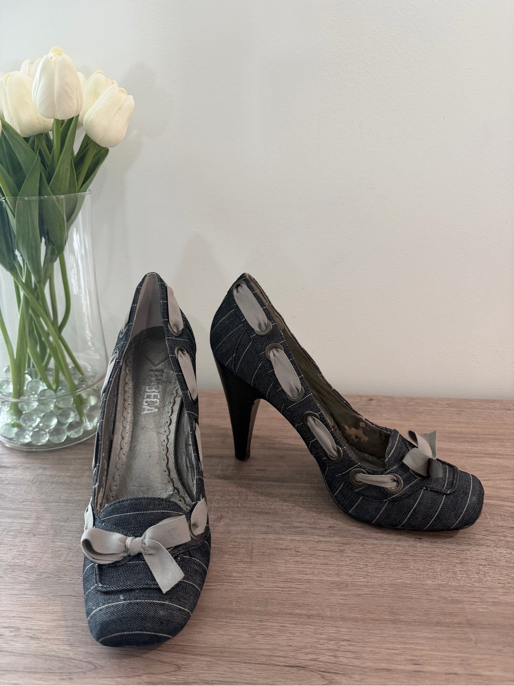 Tribeca Pin Striped Dark Gray High-Heel Pumps with Light Gray Bow Accents